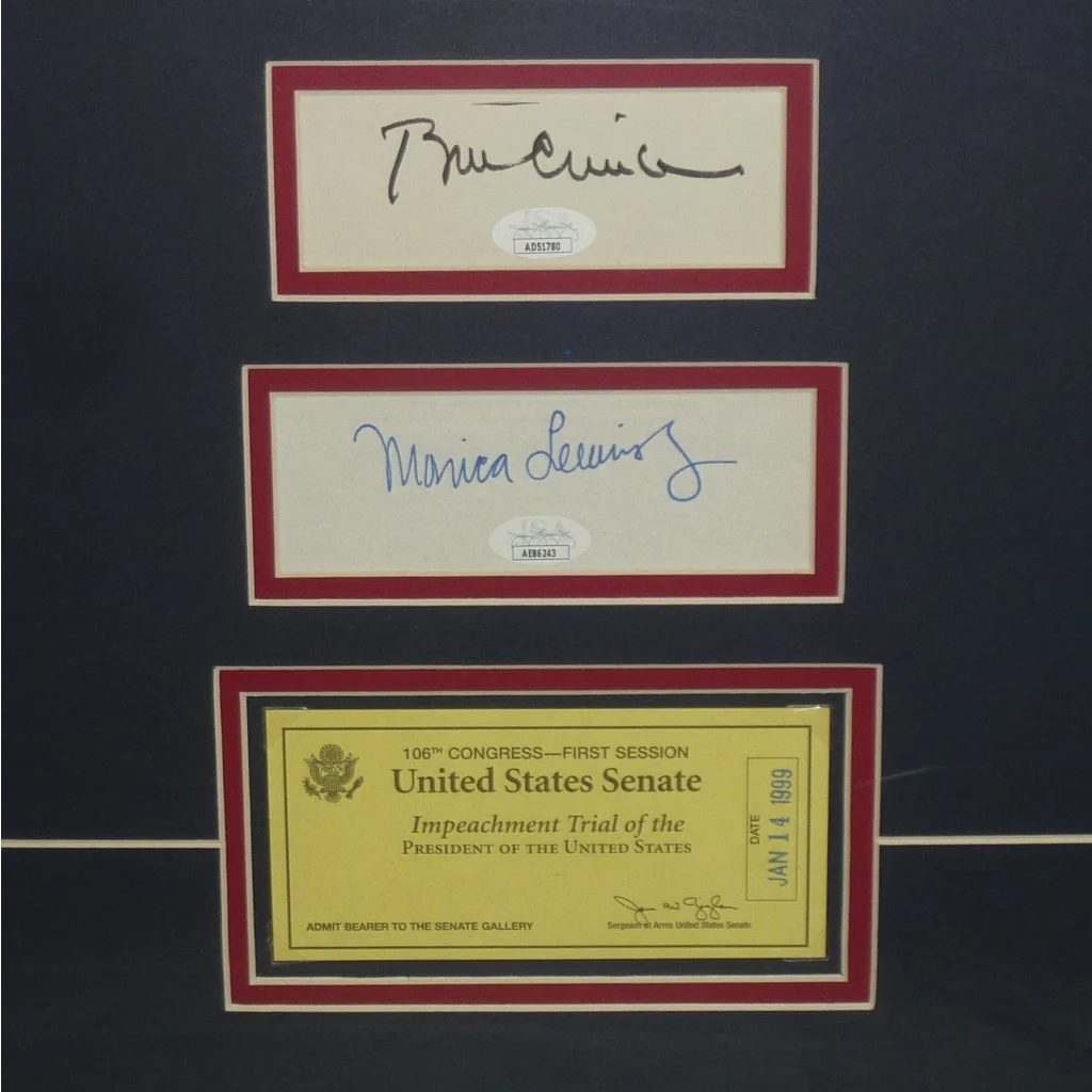 Bill Clinton and Monica Lewinsky dual autographed framed piece with impeachment ticket