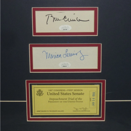 Bill Clinton and Monica Lewinsky dual autographed framed piece with impeachment ticket