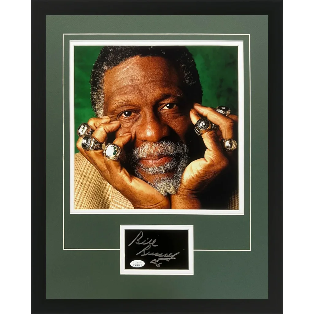 Bill Russell autographed deluxe framed 12x12 photo with championship rings