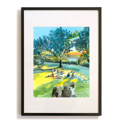 Black framed watercolor of Billings Lawn canvas gallery wrap at Fort Tryon Park sunset