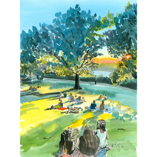 Green tree with large leaves in Billings Lawn canvas gallery wrap of Fort Tryon Park sunset