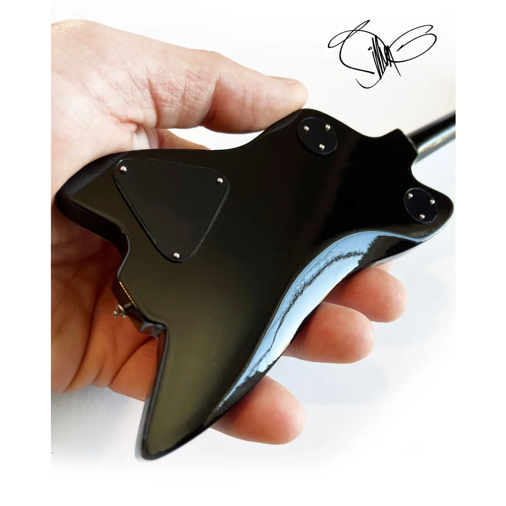 Billy F Gibbons Axe Heaven mini guitar with black blue pick holder on adjustable A-Frame stand