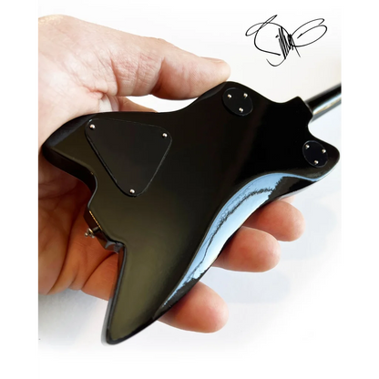 Billy F Gibbons Axe Heaven mini guitar with black blue pick holder on adjustable A-Frame stand