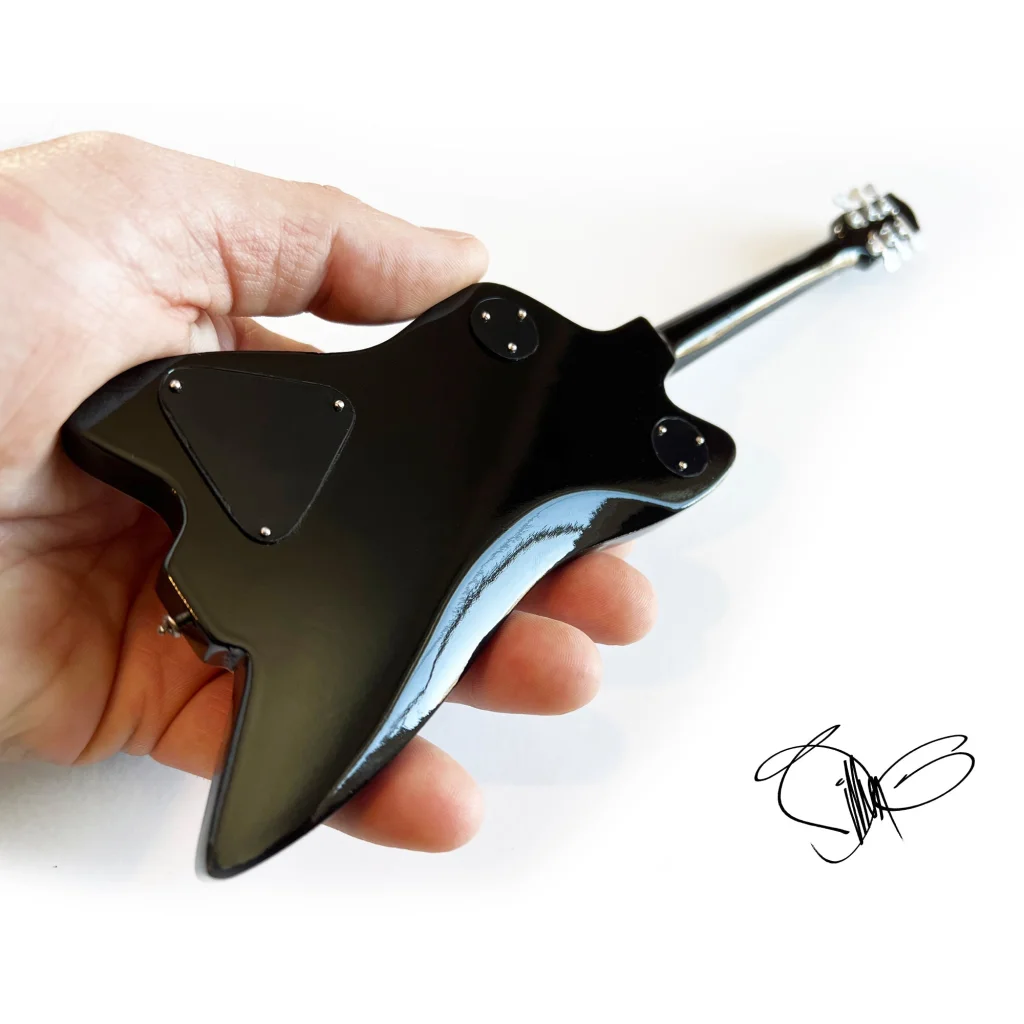 Billy F Gibbons Axe Heaven mini guitar on adjustable A-frame stand with black pick holder