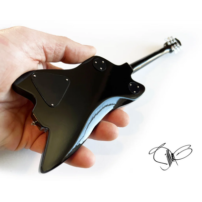 Billy F Gibbons Axe Heaven mini guitar on adjustable A-frame stand with black pick holder