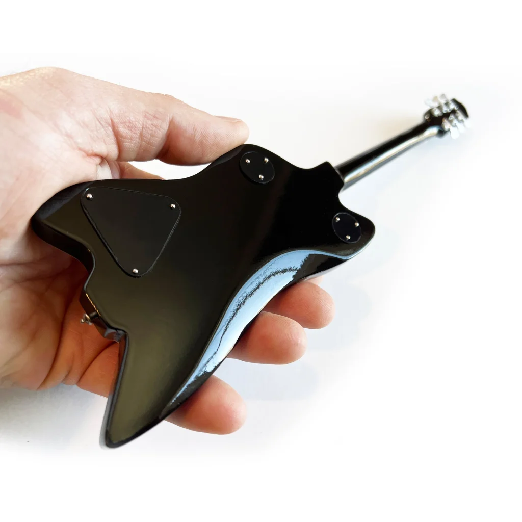 Billy F Gibbons Axe Heaven mini guitar headstock with silver hardware and adjustable A-frame stand