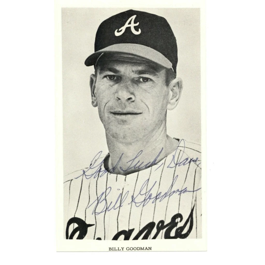 Atlanta Braves Billy Goodman signed 3x5 team issue photo with black and white a logo baseball cap