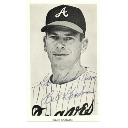 Atlanta Braves Billy Goodman signed 3x5 team issue photo with black and white a logo baseball cap