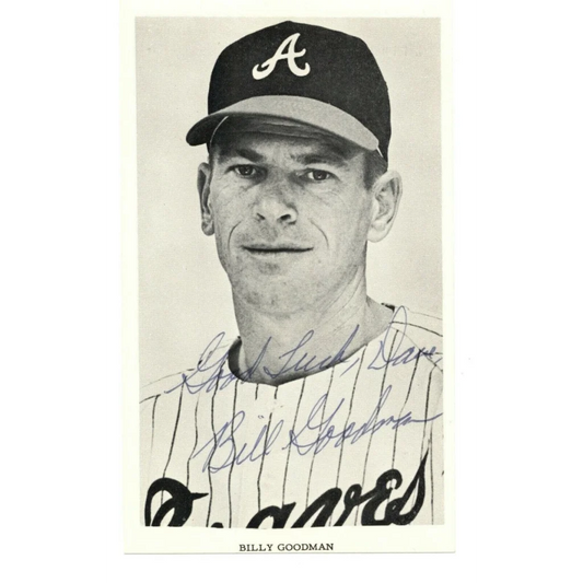 Atlanta Braves Billy Goodman signed 3x5 team issue photo with black and white a logo baseball cap