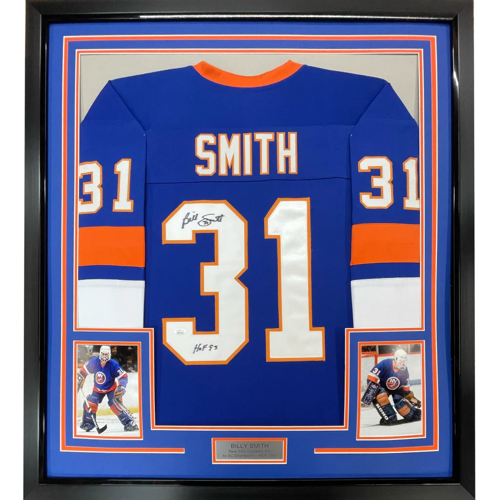 Framed Billy Smith NY Islanders signed jersey with photos and plaque for wall display