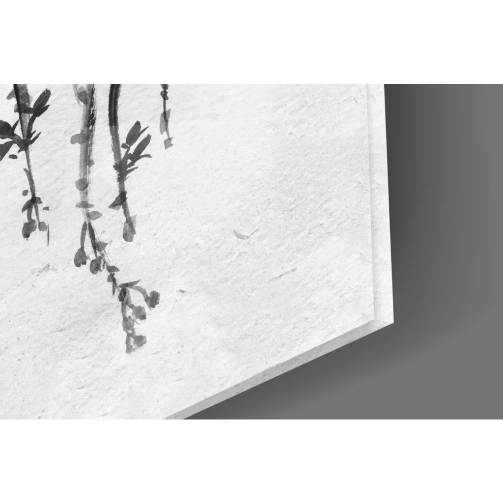 Minimalist monochrome glass wall art of serene ink-wash branches and leaves