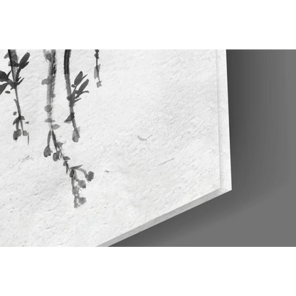 Minimalist monochrome glass wall art of serene ink-wash branches and leaves