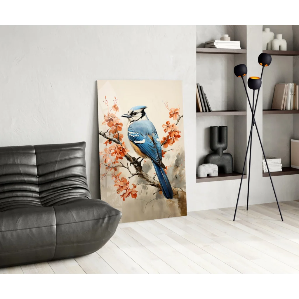 Vibrant blue jay on branch with orange blossoms in glass wall art