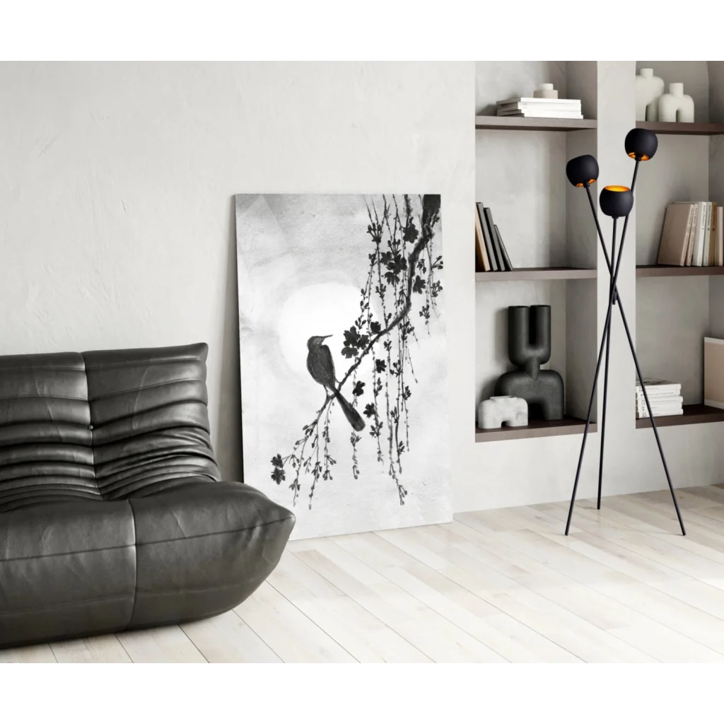 Serene bird on blossoms monochrome glass wall art print