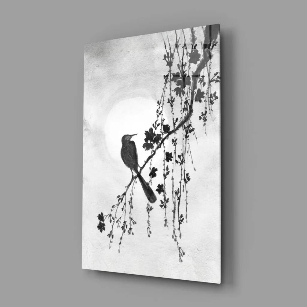 Monochrome serene bird on blossoms glass wall art