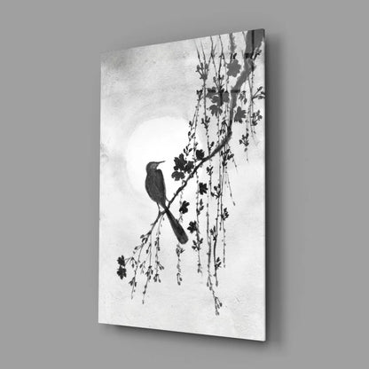 Monochrome serene bird on blossoms glass wall art