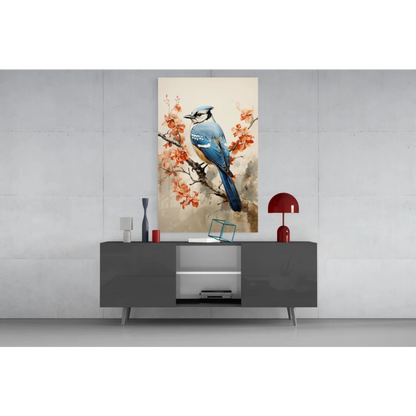 Vibrant blue jay on orange blossoms in stunning glass wall art print