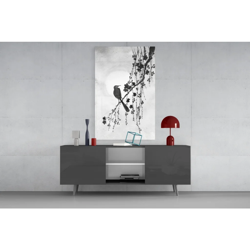 Monochrome serene bird on blossoms glass wall art print