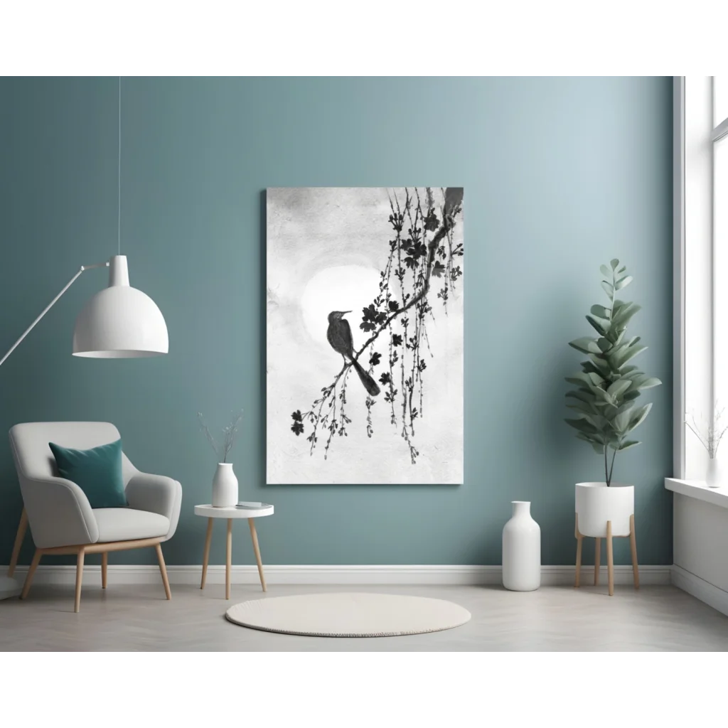 Monochrome serene bird on blossoms glass wall art print