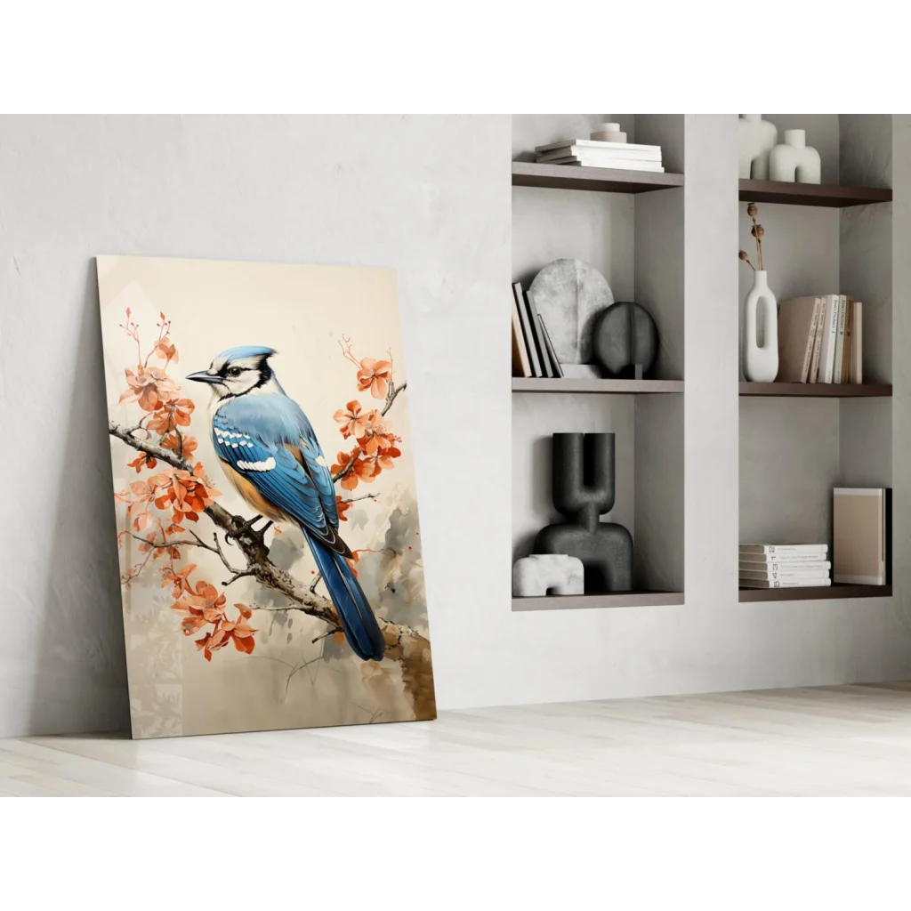 Vibrant blue jay on orange blossoms in watercolor glass wall art