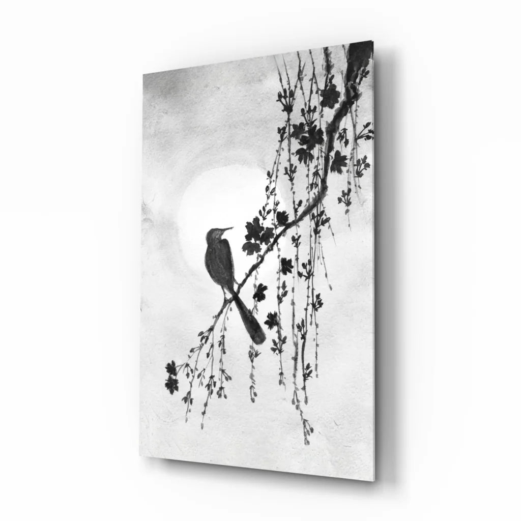 Monochrome glass wall art of bird on blossoming branches under moon