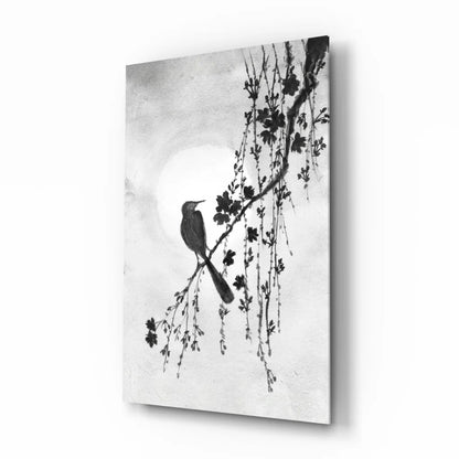 Monochrome glass wall art of bird on blossoming branches under moon