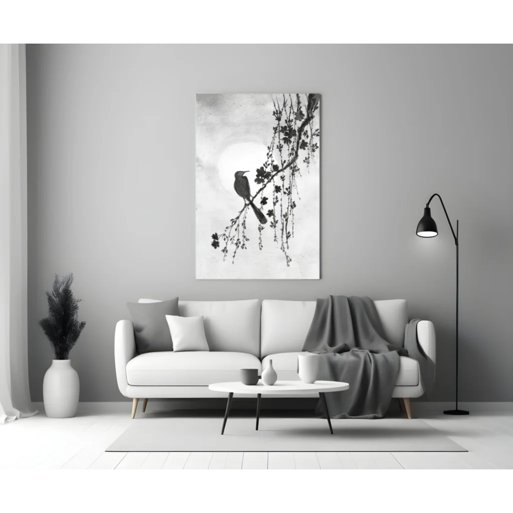 Monochrome serene bird on blossoms glass wall art print