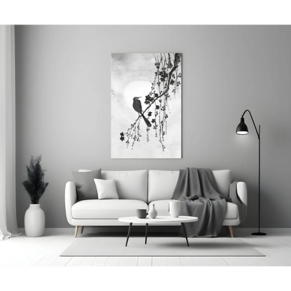 Monochrome serene bird on blossoms glass wall art print