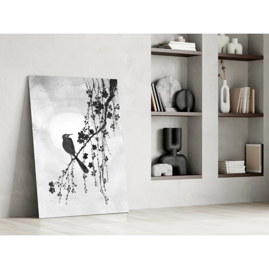 Monochrome serene bird on blossoming branches glass wall art