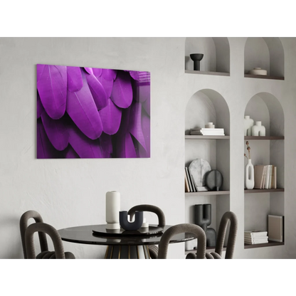 Vibrant purple feather wall art canvas print on white wall