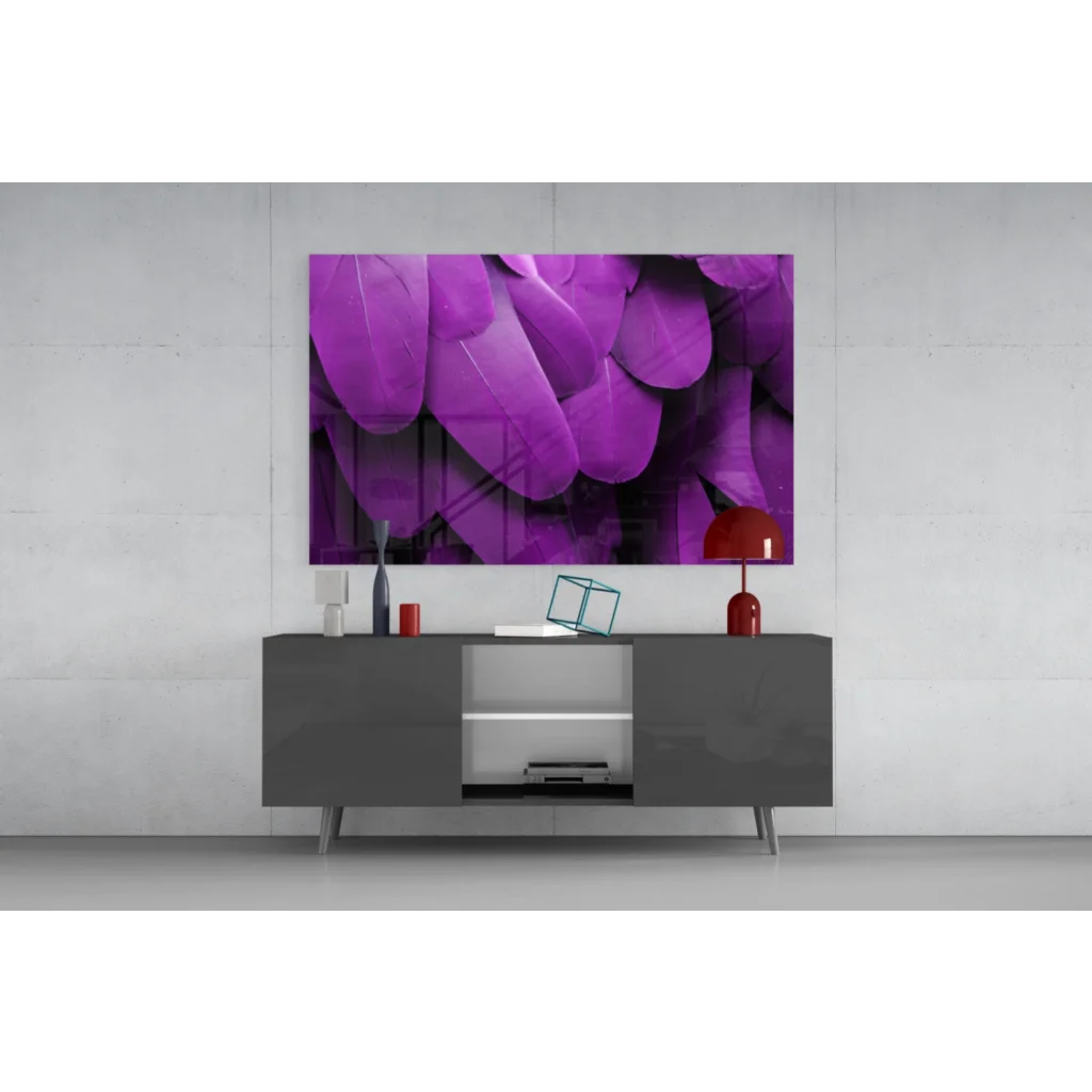 Vibrant purple feather wall art canvas print above gray console