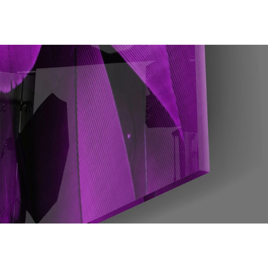 Stunning purple feather glass wall art with geometric facets
