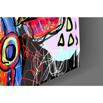 Vibrant bold abstract faces glass wall art in neon red, blue, lime green