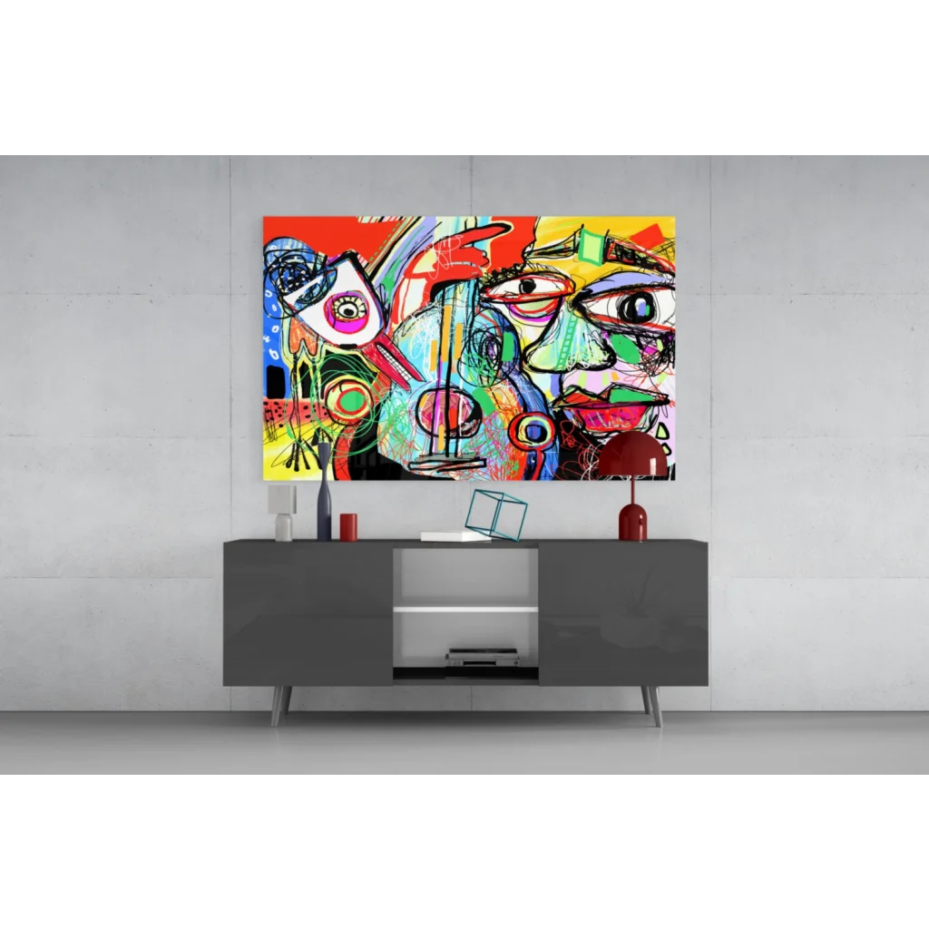 Vibrant bold abstract faces glass wall art in electric colors