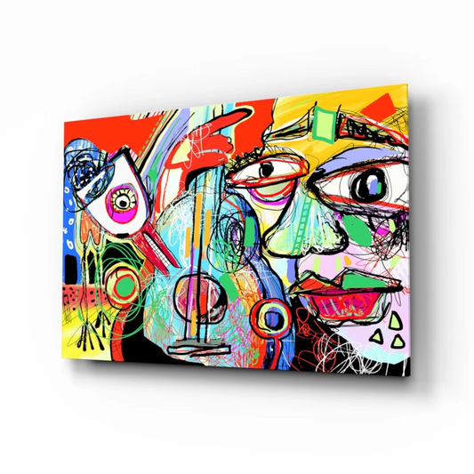 Vibrant bold abstract faces glass wall art in electric reds, yellows, blues, greens