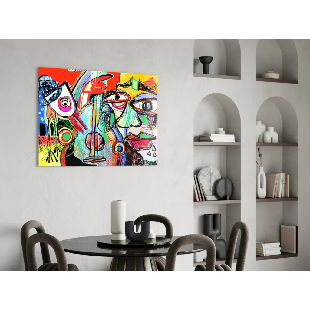 Vibrant bold abstract faces glass wall art in electric colors