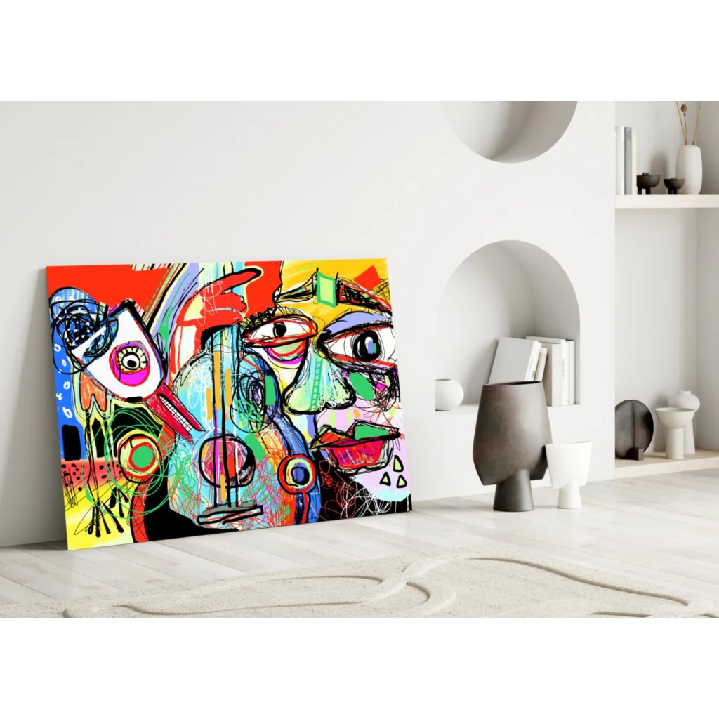 Bold abstract faces glass wall art in vibrant electric colors