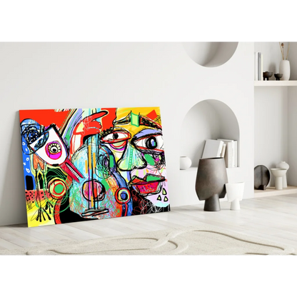 Bold abstract faces glass wall art in vibrant electric colors