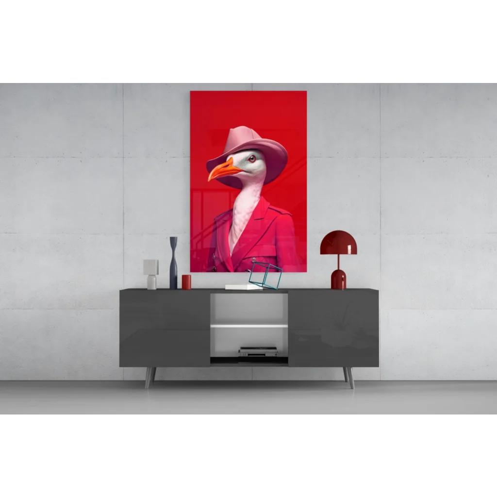 Dapper seagull in pink fedora glass wall art print