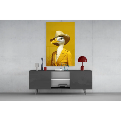 Dapper seagull in yellow trench coat glass wall art canvas print