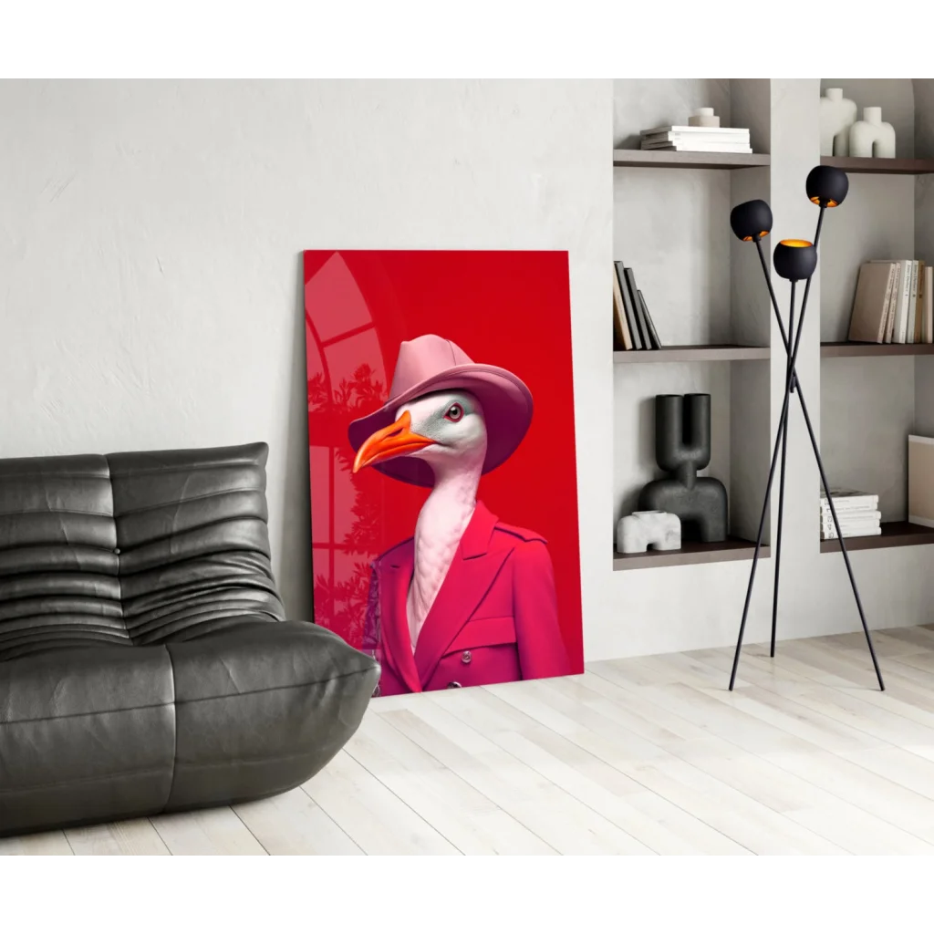 Dapper Seagull in Pink Fedora glass wall art print with red canvas goose in blazer