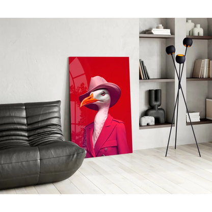 Dapper Seagull in Pink Fedora glass wall art print with red canvas goose in blazer
