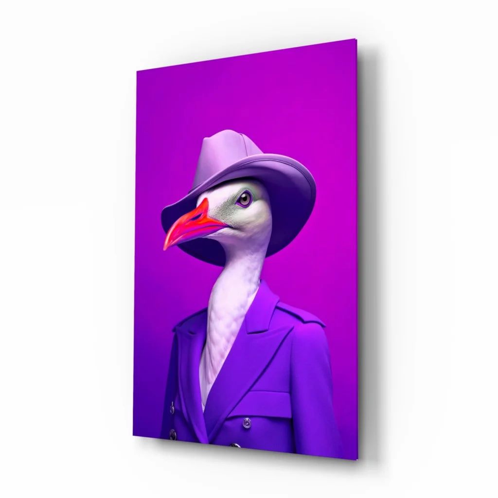 Dapper Goose Glass Wall Art in Purple Fedora and Suit | Insigneart USA | vintageantiquesgifts.com