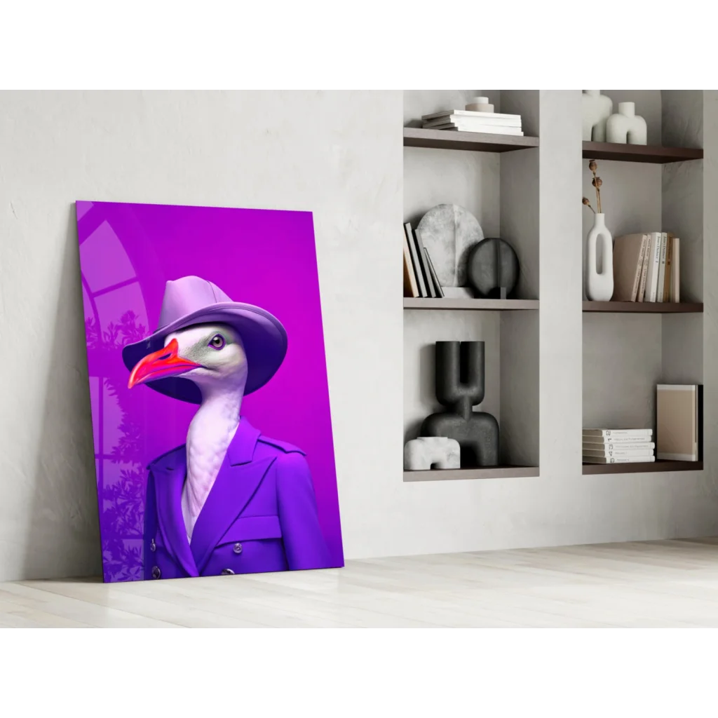 Dapper Goose glass wall art in purple fedora and suit