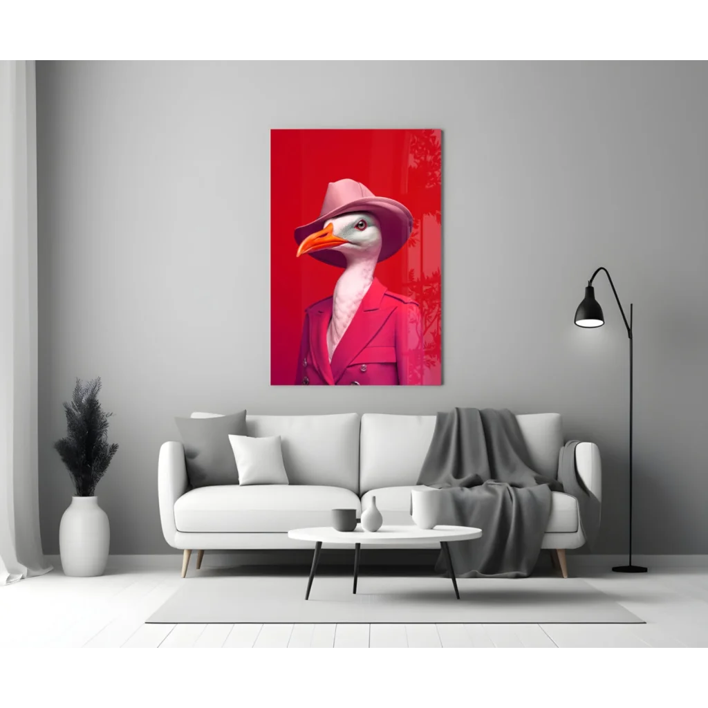 Dapper seagull in pink fedora glass wall art print