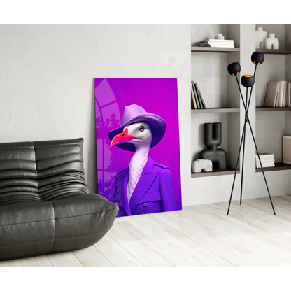 Dapper Goose glass wall art in purple fedora and suit on magenta background