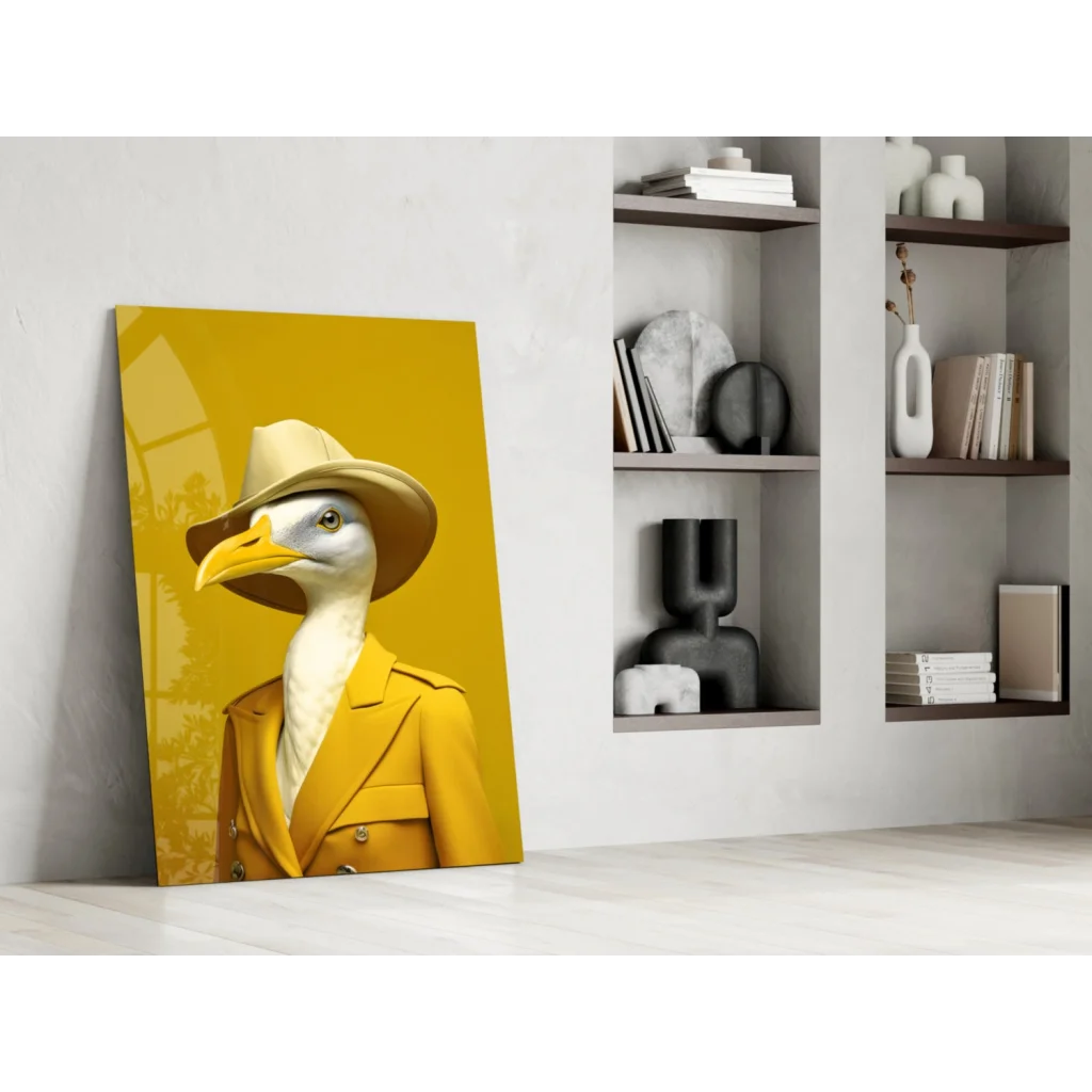 Dapper seagull in yellow trench coat glass wall art canvas print