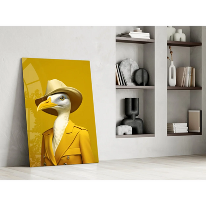 Dapper seagull in yellow trench coat glass wall art canvas print