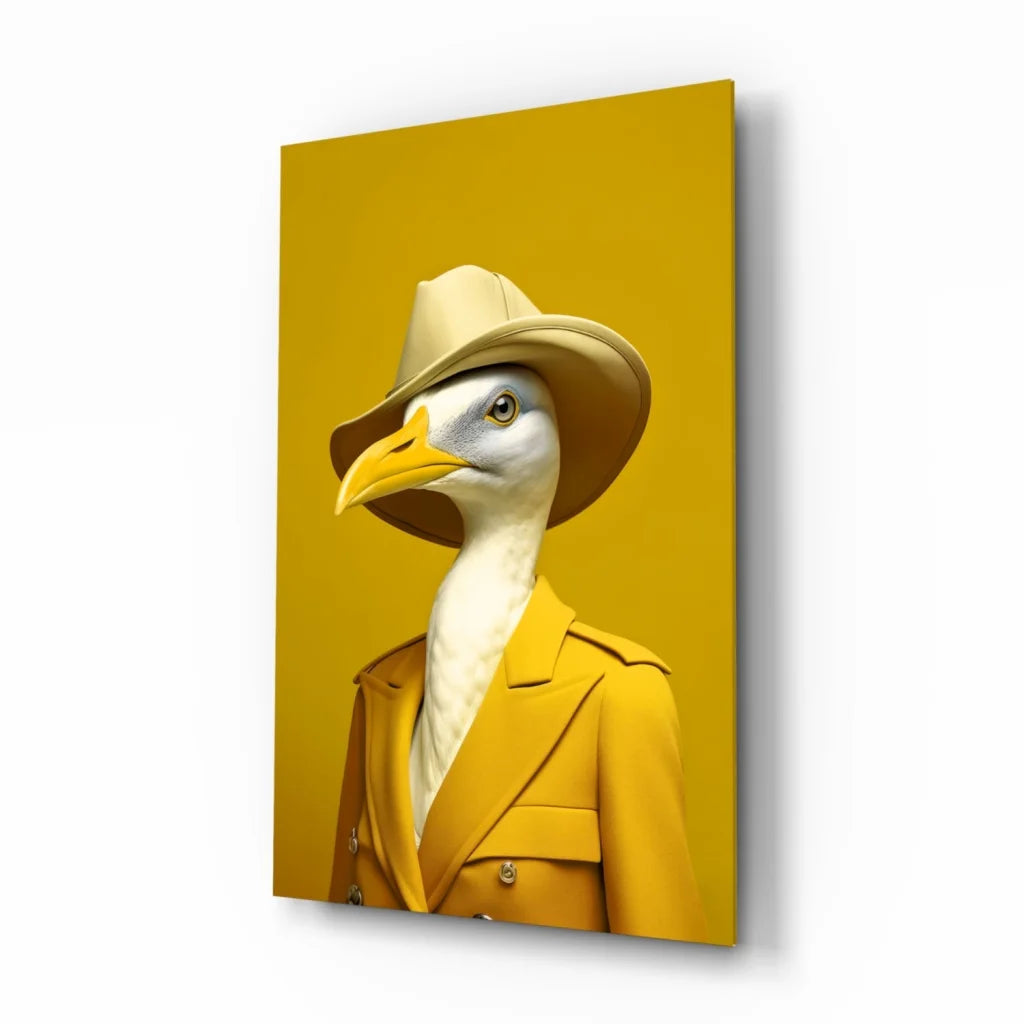 Dapper seagull in yellow trench coat glass wall art canvas print