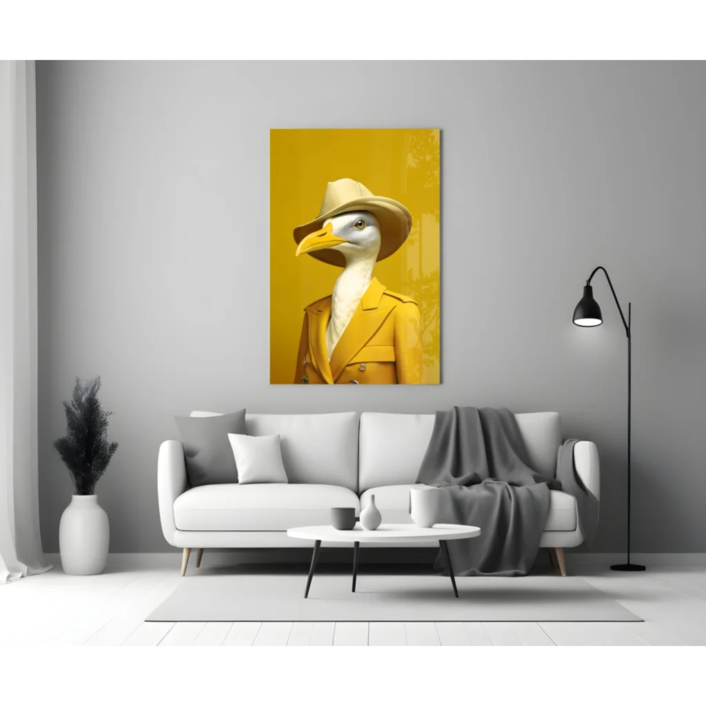 Dapper seagull in yellow trench coat glass wall art canvas print